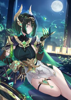 1girl absurdres belt black_gloves bracelet breasts chest_jewel claw_ring commentary_request earrings elbow_gloves eye_tattoo full_moon genshin_impact gloves green_eyes green_hair green_shirt headpiece highres jewelry large_breasts looking_at_viewer medium_hair miniskirt moon nefer_(genshin_impact) night night_sky shirt skirt sky solo tattoo thigh_strap thighs usekh_collar vardan white_skirt