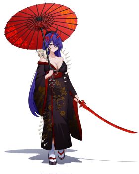 1girl acheron_(honkai:_star_rail) alternate_costume aperson4189923 blood bloody_tears breasts cleavage commentary english_commentary floral_print flower full_body highres holding holding_sword holding_umbrella holding_weapon honkai:_star_rail honkai_(series) horns japanese_clothes kimono large_breasts long_hair off_shoulder oil-paper_umbrella purple_eyes purple_hair red_horns sandals skull spider_lily spine sword umbrella very_long_hair weapon white_background