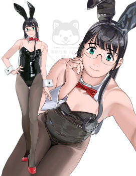 1girl absurdres animal_ear_hairband animal_ears black_hair black_leotard black_pantyhose bow bowtie cowboy_shot detached_collar fake_animal_ears full_body glasses green_eyes hairband hand_on_own_hip highres kantai_collection leotard long_hair multiple_views ojipon ooyodo_(kancolle) pantyhose playboy_bunny rabbit_ears red_bow red_bowtie see-through_strap simple_background sitting thigh_gap watermark white_background wrist_cuffs