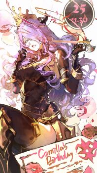 1girl armor birthday black_gloves breasts camilla_(fire_emblem) commentary crown dated demon_horns english_commentary english_text fire_emblem fire_emblem_fates floating_hair gloves hair_over_one_eye highres horns large_breasts lipstick_mark lipstick_mark_on_photo lkppp long_hair looking_at_viewer nintendo parted_bangs parted_lips purple_hair sitting smile solo thighs upper_body wavy_hair