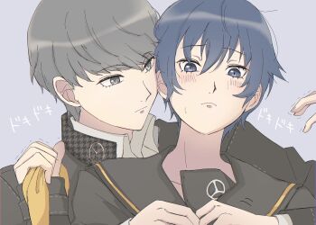 1boy 1girl blue_eyes blue_hair closed_mouth commentary_request dressing embarrassed eyelashes frown grey_eyes grey_hair hetero narukami_yu nervous persona persona_4 reverse_trap sailor_collar school_uniform shirogane_naoto short_hair translation_request trembling usa_(kawaii_152cm) yasogami_school_uniform