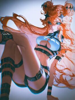 1girl artist_request black_shorts blue_eyes breasts cleavage double_bun feet_out_of_frame hair_between_eyes hair_bun hair_ornament highres kaneko_lumi long_hair looking_at_viewer midriff orange_hair phase_connect short_shorts shorts signature simple_background solo source_request sparkle_hair_ornament star_(symbol) strap thigh_strap virtual_youtuber