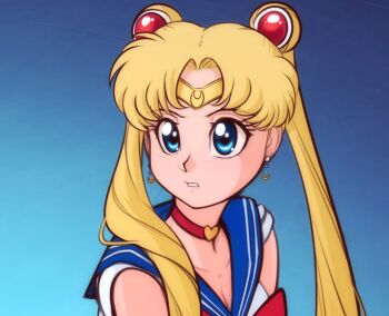 1girl bishoujo_senshi_sailor_moon blonde_hair blue_eyes blue_sailor_collar breasts choker circlet cleavage collarbone crescent crescent_earrings double_bun earrings hair_bun hair_over_shoulder heart heart_choker inner_senshi jewelry long_hair magical_girl meme parted_bangs red_choker sailor_collar sailor_moon sailor_moon_redraw_challenge_(meme) sailor_senshi sailor_senshi_uniform scorpdk solo tsukino_usagi twintails upper_body