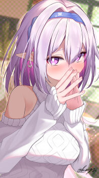 1girl absurdres alternate_costume blue_hairband breasts butterfly_earrings castorice_(honkai:_star_rail) earrings hair_between_eyes hair_intakes hairband highres honkai:_star_rail honkai_(series) jewelry kaju_paint long_hair long_sleeves medium_breasts pink_nails pointy_ears purple_eyes purple_hair signature solo sweater upper_body white_sweater