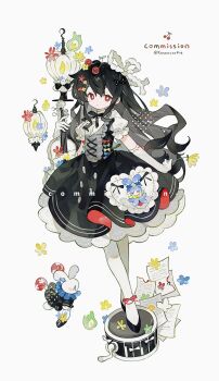 1girl black_bow black_bowtie black_dress black_hair black_shoes bow bowtie bright_pupils closed_mouth commission dress elbow_gloves frilled_dress frills full_body gloves highres kanae_(cookie) long_hair looking_at_viewer original pantyhose rabbit red_eyes shirt shoes short_sleeves simple_background solo standing twitter_username white_background white_gloves white_pantyhose white_pupils white_shirt