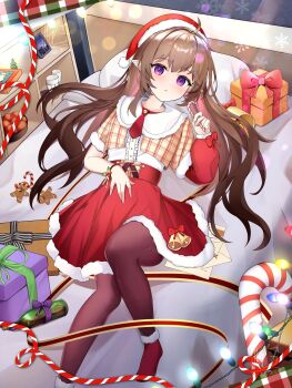 1girl ahoge bed bib_collar bottle box brown_hair brown_pantyhose candy candy_cane christmas commentary_request cropped_jacket dated food fur-trimmed_skirt fur-trimmed_socks fur_trim gift gift_box hat high-waist_skirt highres indie_virtual_youtuber jacket kiritapon_(ihoke_) long_hair looking_at_viewer lying nagisa_(vtuber) necktie on_back on_bed pantyhose pillow plaid_clothes plaid_jacket pointy_ears purple_eyes red_hat red_necktie red_skirt red_sleeves red_socks santa_costume shirt short_sleeves signature single_sleeve skirt snowflakes socks solo virtual_youtuber white_shirt yellow_jacket