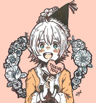 1boy bad_id bad_pixiv_id blush dwarf_(grimms_notes) english_text flower fur-trimmed_sleeves fur_trim green_eyes grimms_notes hair_between_eyes hat heart holding jacket looking_at_viewer male_focus misoshiru_umai4 open_mouth orange_jacket pointy_ears short_hair signature smile solo tearing_up teeth thank_you tongue upper_body upper_teeth_only