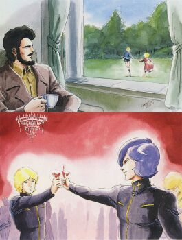 1985 3boys age_difference aged_down artesia_som_deikun backyard beard black_hair blonde_hair candelabra candlestand casval_rem_deikun char_aznable child cup dated dress facial_hair family forest garma_zabi grass gundam kitazume_hiroyuki manly military_uniform mobile_suit_gundam multiple_boys nature party playing purple_hair running sayla_mass shorts siblings signature sitting tree window zeon zeon_zum_deikun