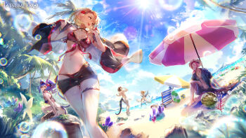 2boys 3girls animal_ears beach beach_umbrella bikini black_jacket black_shorts blonde_hair blue_eyes breasts brown_eyes brown_hair cat_ears cat_girl cat_tail choker cleavage closed_eyes cloud cloudy_sky flower food fruit hair_flower hair_ornament hat highres jacket jewelry k3nzoteruta lens_flare long_hair medium_breasts medium_hair multiple_boys multiple_girls navel necklace ocean open_clothes open_jacket open_mouth original palm_tree pink_hair purple_bikini purple_hair red_bikini shorts sitting sky smile standing straw_hat swimsuit tail tree umbrella wading watermelon
