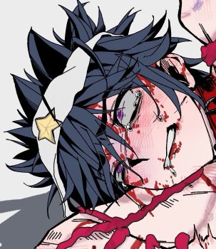 1boy aotu_world black_hair bleeding blood blood_on_face blood_splatter blush bruise chain chinese_commentary clenched_teeth collar crying crying_with_eyes_open grey_background hair_between_eyes headband highres implied_sex implied_yaoi injury leash looking_up male_focus messy_hair nosebleed nude out_of_frame print_headband purple_eyes ray_(aotu_world) red_collar saliva scar shijian_dao_duijia_jiu_biye short_hair simple_background solo spiked_hair star_(symbol) star_print sweat tears teeth white_background white_headband