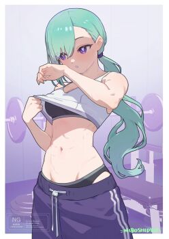 1girl abs black_sports_bra breasts commentary_request fitness_gym green_hair gym_equipment hair_tie highres lifting_own_clothes long_hair midriff navel niboshidrip pants parted_lips partial_commentary ponytail purple_eyes signature solo sports_bra sweat sweatpants tank_top toned toned_female underwear virtual_youtuber vspo! watermark white_tank_top yakumo_beni