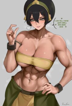 1girl abs absurdres armlet artist_name avatar:_aang_the_last_airbender avatar_legends bandeau belt black_hair blind bracelet breasts cleavage commentary green_hairband grey_eyes hair_bun hairband hand_on_own_hip heavy_breathing highres insult jewelry kalennoir large_breasts looking_at_viewer midriff muscular muscular_female navel short_hair single_hair_bun smile speech_bubble steaming_body sweat toph_beifong tunic