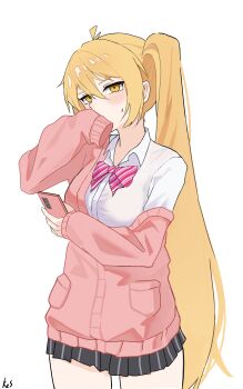 1girl absurdres akita_neru artist_name black_skirt blonde_hair bow bowtie cardigan cellphone chinese_commentary commentary_request covering_own_mouth dress_shirt hair_between_eyes highres holding holding_phone k2s long_hair looking_afar miniskirt phone pink_bow pink_bowtie pink_cardigan school_uniform shirt side_ponytail signature single_off_shoulder skirt smartphone standing sweatdrop triple_ryuunen very_long_hair vocaloid white_background white_shirt yellow_eyes zako_(vocaloid)