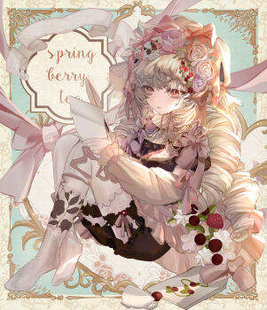 1girl bow commentary_request dress drill_hair flower food fruit full_body hair_flower hair_ornament highres holding komorihikki long_hair long_sleeves looking_at_viewer original red_eyes ribbon sensitive solo