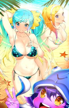 3girls :p alternate_costume arm_behind_head armpits bad_id bad_pixiv_id bikini blonde_hair blue_eyes blue_hair breasts cleavage collarbone colored_skin curvy day ddoalo floral_print floral_print_bikini gradient_hair hair_ornament hairband hand_on_breast highres large_breasts league_of_legends long_hair looking_at_viewer lulu_(league_of_legends) lux_(league_of_legends) multicolored_hair multiple_girls navel outdoors parted_lips ponytail pool_party_lulu print_bikini purple_hair purple_skin side-tie_bikini_bottom smile sona_(league_of_legends) star_print star_print_bikini swimsuit teemo tongue tongue_out twintails underboob v yellow_eyes