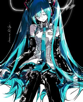 1girl absurdres bare_shoulders black_background black_boots black_skirt black_sleeves blue_eyes blue_eyeshadow blue_nails blue_necktie boots cable character_name closed_eyes closed_mouth collared_shirt detached_sleeves eyelashes eyeshadow frilled_shirt_collar frills hair_between_eyes hanaseto hatsune_miku head_tilt headphones headset highres limited_palette long_hair long_sleeves makeup necktie shirt sidelocks sitting sitting_on_hair sketch skirt sleeping smile solo thigh_boots twintails two-tone_background very_long_hair vocaloid white_background white_shirt