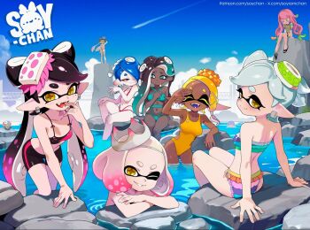 1boy 6+girls agent_3_(splatoon) ass bikini bikini_shorts blue_sky breasts callie_(splatoon) captain_3_(splatoon) dark-skinned_female dark_skin earrings fangs frilled_bikini frills frye_(splatoon) inkling_girl inkling_player_character jewelry looking_at_viewer marie_(splatoon) marina_(splatoon) multiple_girls nintendo octoling_boy octoling_player_character one-piece_swimsuit open_mouth pearl_(splatoon) pointy_ears rock shiver_(splatoon) shorts sky smallfry_(splatoon) soy-chan splatoon_(series) splatoon_1 splatoon_2 splatoon_3 swimsuit tentacle_hair water