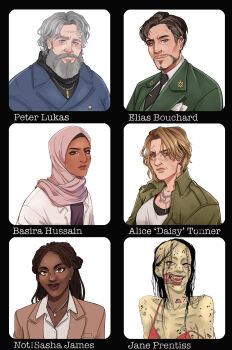 2boys 4girls absurdres alice_tonner aquiline_nose balding basira_hussain beard black_hair blonde_hair box_braids braid brown_hair cheekbones collared_shirt dark-skinned_female dark_skin decomposing design_speculation elias_bouchard emaciated eye_socket ezrazzle facial_hair frown full_beard green_eyes grey_hair guro hair_edges highres hijab hole hole_in_chest hole_in_face hole_in_head hole_in_throat hole_on_body injury jacket jane_prentiss jewelry lips long_hair maggot missing_eye monster_girl multiple_boys multiple_braids multiple_girls mustache necklace necktie nose not-sasha_james notthem old old_man pale_skin peter_lukas realistic rotting scar shirt short_hair smile teeth the_magnus_archives thick_eyebrows tomboy turtleneck very_dark_skin white_shirt worm zombie