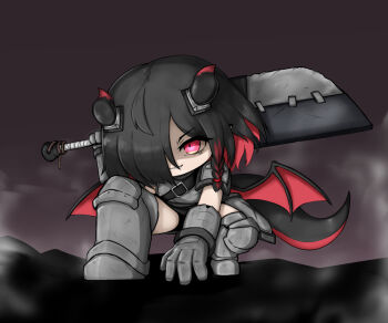 Rule 34 | 1girl, ahoge, armor, armored boots, belt, black belt, black hair, black horns, black tail, black wings, boots, braid, chibi, chibi only, commentary request, cuirass, dragon girl, dragon horns, dragon tail, dragon wings, evil smile, full body, gauntlets, grey armor, hair over one eye, highres, holding, holding sword, holding weapon, horns, huge weapon, korean commentary, leets (trickcal), looking at viewer, makka 2000, multicolored hair, multicolored horns, poleyn, red eyes, red hair, red horns, red tail, red wings, short hair, shoulder armor, single braid, smile, solo, superhero landing, sword, tail, trickcal, two-tone hair, two-tone horns, two-tone tail, two-tone wings, weapon, wings