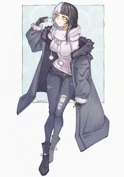 1girl alternate_costume ankle_boots belt black_belt black_boots black_coat black_gloves black_hair black_nails blue_pants blush boots breasts closed_mouth coat commentary denim english_commentary fingerless_gloves fingernails full_body fur-trimmed_coat fur_trim gloves grey_hair hand_up highres hololive hololive_english hood hoodie igalimax jeans large_breasts light_smile long_fingernails long_hair long_sleeves looking_afar multicolored_hair nail_polish official_art open_clothes open_coat pants pink_hoodie pom_pom_(clothes) shiori_novella signature sleeves_past_wrists solo split-color_hair standing torn_clothes torn_jeans torn_pants two-tone_hair virtual_youtuber yellow_eyes