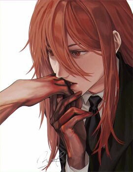 1girl 1other angel_devil_(chainsaw_man) black_necktie black_suit blood blood_on_hands chainsaw_man collared_shirt commentary formal_clothes hair_between_eyes highres kiss kissing_hand lips long_hair long_hair_between_eyes long_sleeves necktie parted_lips red_eyes red_hair shirt signature simple_background snowberryaki suit upper_body white_background white_shirt
