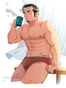 1boy abs against_table bara blowing blush briefs brown_hair bulge cropped_legs cup curtains facial_hair goatee highres holding holding_cup large_pectorals long_sideburns male_focus male_underwear mug multicolored_hair muscular muscular_arms muscular_legs muscular_male pectorals pointy_ears red_male_underwear short_hair sideburns snowflakes solo sparkling_eyes steaming_cup tepen_(tptptpn) thick_eyebrows thighs tokyo_houkago_summoners tomte_(housamo) topless_male two-tone_hair underwear white_hair