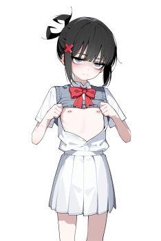 1girl absurdres anomarasu bare_arms bare_legs black_hair bow bowtie commentary earclip flat_chest grey_eyes grey_vest hair_ornament hairclip highres loli looking_at_viewer nipple_piercing nipples no_bra open_clothes open_shirt original piercing pleated_skirt red_bow red_bowtie shirt short_sleeves simple_background skirt solo symbol-only_commentary vest vest_lift white_background white_shirt white_skirt x_hair_ornament