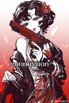 1girl black_coat black_hair chinese_commentary coat coat_lift commentary_request commission dress falling_feathers feather_dress feather_hair_ornament feathers gradient_background gun haibao_tangyuan hair_ornament hairband hand_up handgun highres holding holding_gun holding_weapon jewelry necklace red_background red_dress red_eyes red_feathers reverse:1999 schneider_(reverse:1999) short_hair single_bare_shoulder single_off_shoulder solo strapless strapless_dress tongue tongue_out upper_body watermark weapon weibo_watermark white_hairband