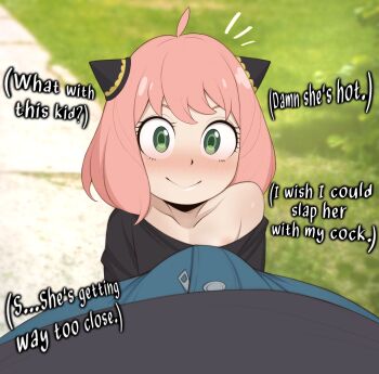 1boy 1girl ahoge anya_(spy_x_family) blush bulge closed_mouth collarbone cone_hair_bun english_text erection erection_under_clothes green_eyes hair_bun hetero highres loli looking_at_viewer maniacbox nipple_slip nipples off_shoulder outdoors paid_reward_available pink_hair portrait pov pov_crotch short_hair smile solo_focus spy_x_family straight-on