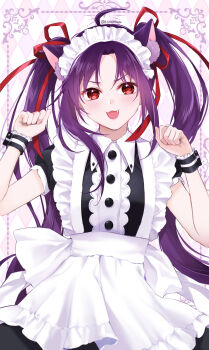 Rule 34 | 1girl, :3, :d, absurdres, ahoge, alternate costume, animal ear fluff, animal ears, apron, argyle background, artist name, black dress, black wrist cuffs, blush, breasts, cat ears, chinese commentary, collared dress, commentary, cowboy shot, dress, enmaided, eyelashes, fangs, forehead, hair ribbon, hands up, highres, istriri, kemonomimi mode, long hair, looking at viewer, maid, maid headdress, open mouth, paw pose, purple background, purple hair, red eyes, red ribbon, ribbon, short sleeves, small breasts, smile, solo, straight-on, straight hair, sword art online, twintails, twitter username, two-tone background, two-tone dress, two-tone wrist cuffs, very long hair, waist apron, white apron, white background, white dress, white wrist cuffs, wrist cuffs, yuuki (sao)