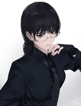 1girl absurdres alternate_costume bespectacled black_eyes black_gloves black_hair black_necktie black_shirt chainsaw_man closed_mouth commentary english_commentary eyewear_strap fingerless_gloves glasses gloves gradient_background hand_on_own_chin highres kumah_dessu long_hair looking_at_viewer mitaka_asa necktie semi-rimless_eyewear shirt signature solo