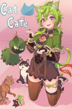 Rule 34 | 1girl, :d, absurdres, ahoge, animal ears, belt, black belt, black boots, black bridal gauntlets, blush, boots, bridal gauntlets, brown dress, brown thighhighs, capelet, cat, cat day, cat ears, cat tail, collei (genshin impact), commentary request, crossed bangs, cuilein-anbar (genshin impact), detached sleeves, dot nose, double-parted bangs, dress, earrings, english text, fang, full body, gem, genshin impact, green capelet, green hair, green tail, hair between eyes, hands up, highres, jewelry, kneeling, long hair, long sleeves, looking at viewer, mochihuman, open-toe boots, open mouth, paw pose, pink background, pink gem, purple eyes, shadow, single earring, smile, solo, tail, thigh belt, thigh strap, thighhighs, thighlet, usekh collar, vision (genshin impact)