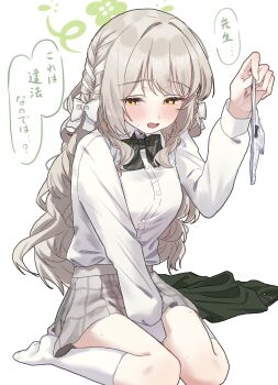 1girl ankle_socks arm_up blazer blue_archive bow bow_panties braid breasts buttons collared_shirt covering_crotch covering_privates diagonal-striped_bow dot_nose embarrassed feet full_body green_halo grey_hair grey_skirt hair_intakes halo highres holding holding_panties holding_underwear holding_unworn_clothes jacket light_blush long_hair long_sleeves medium_breasts miyo_(blue_archive) no_panties open_mouth panties pleated_skirt school_uniform shirt shy simple_background sitting skirt socks solo speech_bubble striped_bow sweatdrop thighs underwear unworn_blazer uzuraa wariza wavy_mouth white_background white_bow white_panties white_sleeves white_trim yellow_eyes