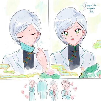 Rule 34 | applepiewinry, bishoujo senshi sailor moon, bishoujo senshi sailor moon stars, earrings, english text, gloves, green eyes, heart, highres, jewelry, lab coat, long hair, mask, mouth mask, ponytail, removing mask, smile, stud earrings, surgeon, white gloves, white hair, yaten kou