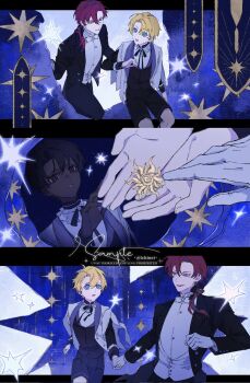 2boys alberu_crossman black_hair black_jacket black_pants black_ribbon black_shorts black_vest blonde_hair blue_eyes bow bowtie cale_henituse dark_skin english_text formal_clothes gloves hand_grab highres holding_hands hxp0614 jacket jewelry long_hair long_sleeves looking_at_another lout_of_count&#039;s_family low_ponytail male_focus mole multiple_boys neck_ribbon open_mouth pants ponytail purple_eyes red_hair ribbon ring shirt short_hair shorts sitting smile star_(symbol) vest white_bow white_bowtie white_gloves white_shirt