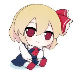 Rule 34 | ascot, black skirt, black vest, blonde hair, bow, chibi, collared shirt, fumo (doll), hair bow, hair ornament, light blush, looking at viewer, on ground, red ascot, red bow, red eyes, rei (tonbo0430), rumia, shirt, short hair, skirt, skirt set, smile, solo, tagme, touhou, vest, white background, white shirt