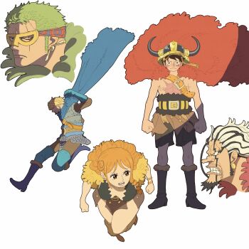 Rule 34 | 1girl, 2025, 4boys, black hair, blonde hair, blue boots, blue cape, blue gloves, blush, boots, bracelet, braid, braided sidelock, breasts, brown eyes, brown loincloth, cape, capelet, cleavage, closed mouth, commentary, earrings, eye mask, facial hair, facial scar, fake horns, from above, from side, fur-trimmed capelet, fur cape, fur trim, gloves, green hair, helmet, highres, horned helmet, horns, jaralloart, jewelry, jumping, large breasts, leg warmers, long hair, mask, monkey d. luffy, monkey d. luffy (elbaf), multicolored hair, multiple boys, nami (one piece), nami (one piece) (elbaf), noburuart, official alternate costume, official alternate hairstyle, one eye closed, one piece, open mouth, orange hair, pearl earrings, profile, red cape, rocks d. xebec, roronoa zoro, roronoa zoro (elbaf), sanji (one piece), sanji (one piece) (elbaf), scar, scar across eye, scar on cheek, scar on chest, scar on face, short hair, shorts, simple background, standing, straight-on, thighs, two-tone hair, walking, white background, white hair, yellow capelet