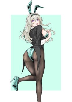 1girl absurdres aqua_leotard black_hairband black_shirt blush brown_pantyhose enon_(ash_enon) firefly_(honkai:_star_rail) gradient_eyes grey_hair hair_between_eyes hair_intakes hairband high_heels highres honkai:_star_rail honkai_(series) leotard long_hair multicolored_eyes open_mouth pantyhose playboy_bunny shirt smile solo teeth upper_teeth_only
