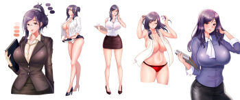 Rule 34 | 1girl, absurdres, adjusting hair, book, breasts, brown eyes, business suit, cleavage, clipboard, clothes lift, collared shirt, color guide, covered erect nipples, cropped legs, dress shirt, etidekailo, folded ponytail, folder, formal clothes, full body, glasses, hair bun, hair up, high heels, highres, holding, huge breasts, jacket, large breasts, lips, lipstick, long hair, looking at viewer, makeup, mature female, miniskirt, mole, multiple views, navel, office lady, open clothes, open shirt, panties, pencil skirt, purple hair, red panties, scrunchie, see-through clothes, shirt, sidelocks, simple background, single hair bun, skirt, skirt lift, sleeveless, sleeves rolled up, smile, standing, suit, teacher, topless, towel, towel around neck, underwear, white background, white panties, white shirt