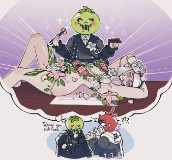 1boy 2girls ? ?? ahoge black_hairband black_streaks blue_jacket blush braid chopsticks commentary english_commentary english_text flower_censor food food_on_body food_on_breasts grey_hair grey_jacket hairband highres holding holding_chopsticks hood hoodie image_in_thought_bubble jacket jacket_over_hoodie kirifuji_nozomi knee_up long_hair lying masked multicolored_hair multicolored_jacket multiple_girls novemblem nude on_back oosuzuki_kurara red_hair shirt short_hair solid_circle_eyes sparkle streaked_hair sumino_takumi surprised sushi sweat the_hundred_line_-last_defense_academy- trembling two-tone_jacket upright_ahoge white_hoodie white_shirt yuri