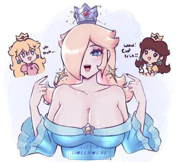 3girls aqua_dress bare_shoulders blonde_hair blue_eyes breasts brooch cleavage collarbone crown dress earrings hair_over_one_eye jewelry large_breasts lilys_dollhouse long_hair mario_(series) multiple_girls nintendo off-shoulder_dress off_shoulder open_mouth princess_daisy princess_peach rosalina star_(symbol) star_brooch star_earrings