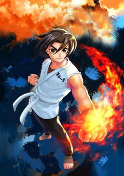 1boy absurdres armor black_pants brown_eyes chainmail clenched_hands closed_mouth collarbone commentary_request dougi fire from_above full_body hair_between_eyes highres japanese_clothes karate_gi kimono looking_at_viewer matsuena_shun motion_lines official_art pants shijou_saikyou_no_deshi_ken'ichi shirahama_ken'ichi short_hair sleeveless sleeveless_kimono smile smoke solo v-shaped_eyebrows