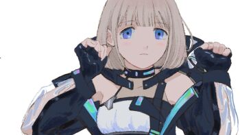 Rule 34 | 1girl, bare shoulders, black gloves, black jacket, blue eyes, blunt bangs, closed mouth, expressionless, fingerless gloves, gloves, grey hair, hands up, highres, idol clothes, idolmaster, idolmaster shiny colors, jacket, long sleeves, looking at viewer, open clothes, open jacket, serizawa asahi, short hair, simple background, solo, subro, upper body, white background