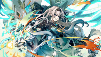 1girl armor black_hairband breasts cowboy_shot cropped_jacket fire firefly_(honkai:_star_rail) frilled_sleeves frills green_skirt grey_armor grey_hair hair_between_eyes hair_intakes hair_ornament hairband highres holding holding_sword holding_weapon honkai:_star_rail honkai_(series) long_hair long_sleeves medium_breasts multicolored_eyes necktie orange_necktie outstretched_arm parted_lips power_armor sam_(honkai:_star_rail) skirt sword szlljxk two-tone_eyes weapon