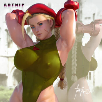1girl ahoge alternate_breast_size antenna_hair armpits arms_behind_head arms_up artnip ass beret blonde_hair blue_eyes bodypaint bracer braid breasts buck_teeth cammy_white covered_erect_nipples covered_navel cowboy_shot garrison_cap gloves green_leotard hat highleg highleg_leotard huge_ahoge leotard lips lipstick long_hair looking_at_viewer makeup medium_breasts muscular muscular_female parted_lips realistic red_hat reflection ribbed_leotard scar signature solo street_fighter street_fighter_ii_(series) teeth thick_eyebrows thick_thighs thighs thong_leotard twin_braids