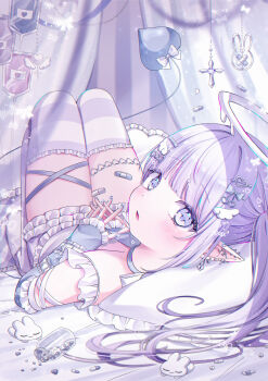 1girl absurdres bandaid bandaid_on_leg barbell_piercing blush breasts chibana_sora choker detached_sleeves dress ear_piercing hair_ornament hairclip halo highres industrial_piercing looking_at_viewer melting_halo on_bed open_mouth original piercing pointy_ears small_breasts solo striped_clothes striped_thighhighs thigh_strap thighhighs twintails white_choker white_dress white_eyes