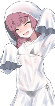 1girl bikini bikini_under_clothes black_bikini blunt_bangs bocchi_the_rock! breasts brown_hair closed_eyes commentary cowboy_shot facing_viewer fang ghost_costume ghost_pose halloween_costume halulu highres hiroi_kikuri hood hood_up micro_bikini open_mouth see-through_clothes sheet_ghost side-tie_bikini_bottom simple_background small_breasts smile solo swimsuit white_background