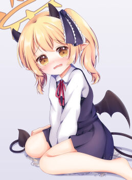1girl absurdres barefoot between_legs black_dress black_horns black_wings blonde_hair blue_archive blush collared_shirt demon_girl demon_horns demon_tail demon_wings dress grandapple71 halo highres horns ibuki_(blue_archive) loli long_sleeves looking_at_viewer neck_ribbon open_mouth pee peeing peeing_self pinafore_dress pointy_ears red_ribbon ribbon shirt simple_background sitting sleeveless sleeveless_dress solo tail wariza white_shirt wings yellow_eyes yellow_halo
