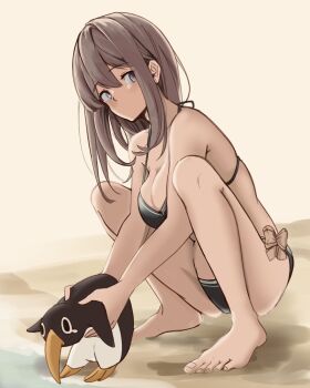 1girl alternate_hair_length alternate_hairstyle animal aqua_eyes bare_arms bare_legs bare_shoulders barefoot bikini breasts brown_hair chakoru cleavage failure_penguin from_side full_body green_bikini highres kantai_collection looking_at_viewer maya_(kancolle) maya_(swimsuit)_(kancolle) medium_breasts medium_hair no_mouth official_alternate_costume simple_background squatting swimsuit toes white_background