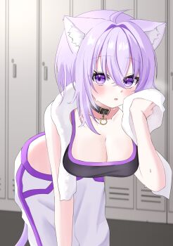 1girl absurdres animal_ear_fluff animal_ears belt_collar black_choker breasts cat_ears cat_girl cat_tail choker cleavage collar collarbone commentary_request hair_between_eyes highres holding holding_towel hololive large_breasts looking_at_viewer medium_hair nekomata_okayu nekomata_okayu_(1st_costume) nogoma_(nogoma22) open_mouth pants purple_eyes purple_hair tail towel virtual_youtuber white_pants
